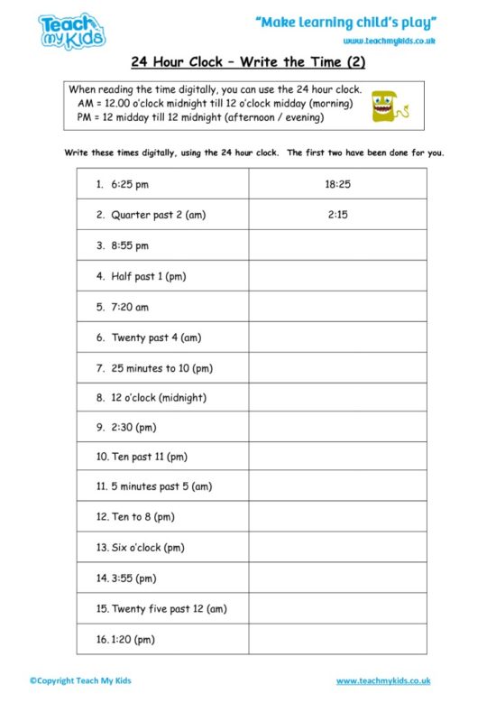 Worksheets for kids - 24 hour clock – write the time 2