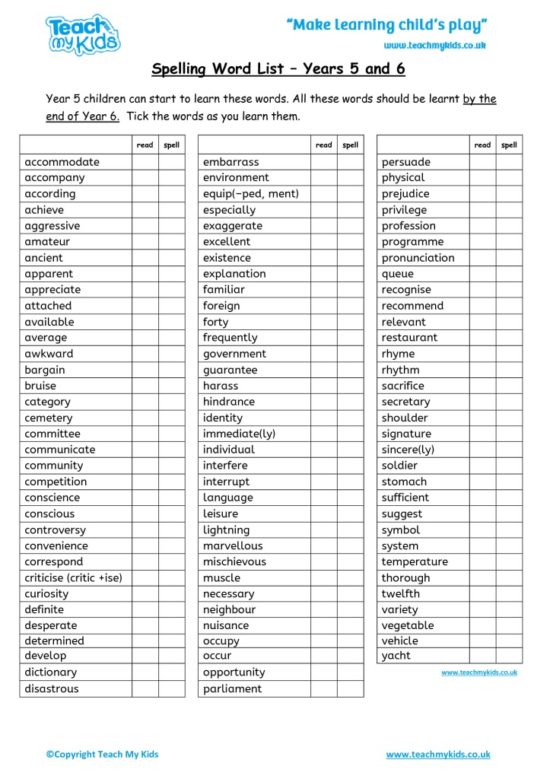 Worksheets for kids - spelling-word-list-yr5