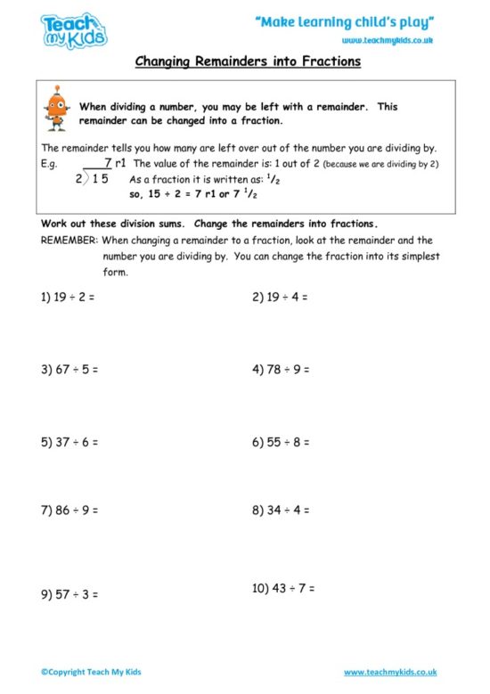 Worksheets for kids - changing-remainders-into-fractions