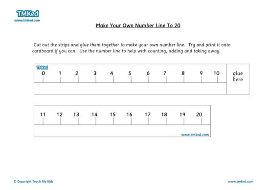 Maths Help, Teacher resources, free home school worksheets, Key stages 1 Worksheets for kids - make your own number line to 20