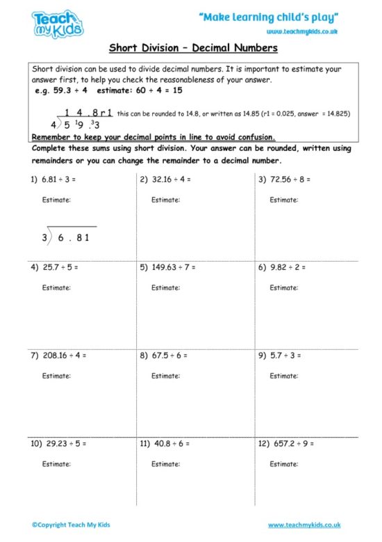 Worksheets for kids - short-division-decimal-numbers