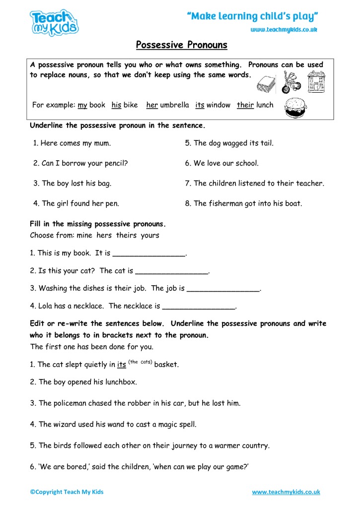 Possessive Pronouns Worksheet Elementary