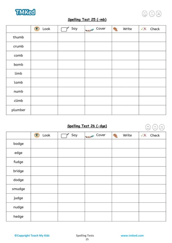 spelling tests 5-7 _mb words and _dge words