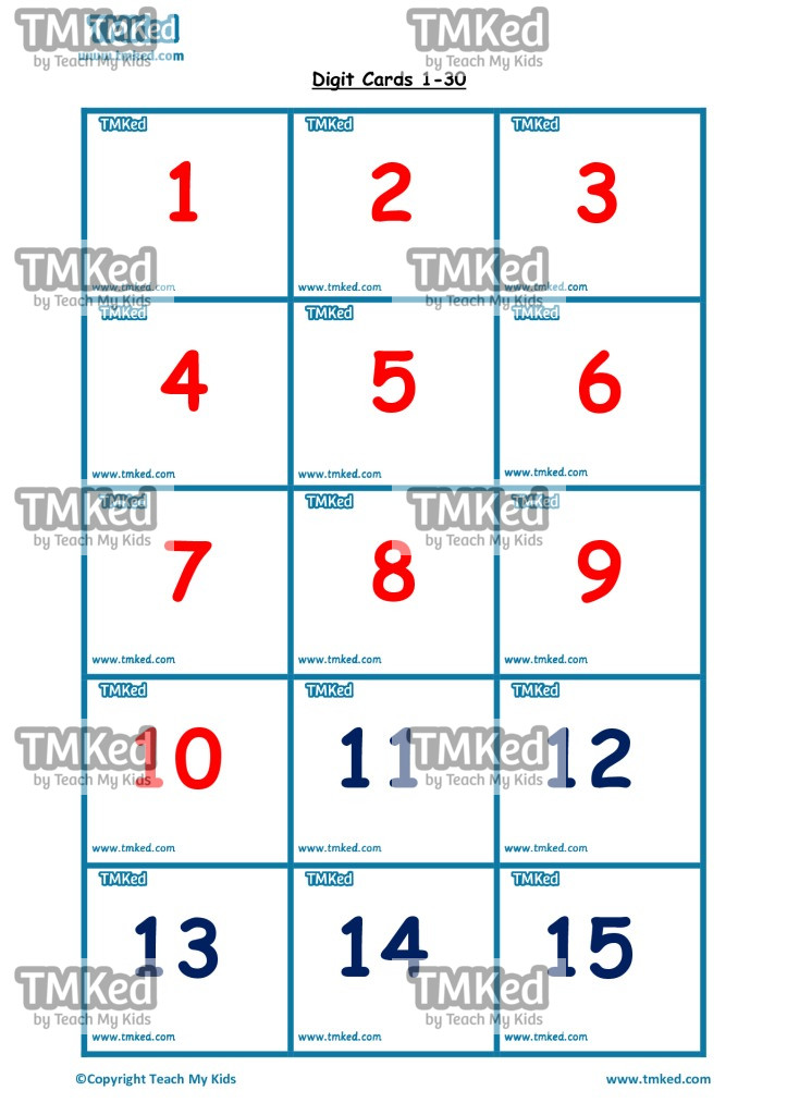 Teacher resources, free home school worksheets, Key stages 1 & 2 Worksheets for kids - 1-30 flashcards 3×5
