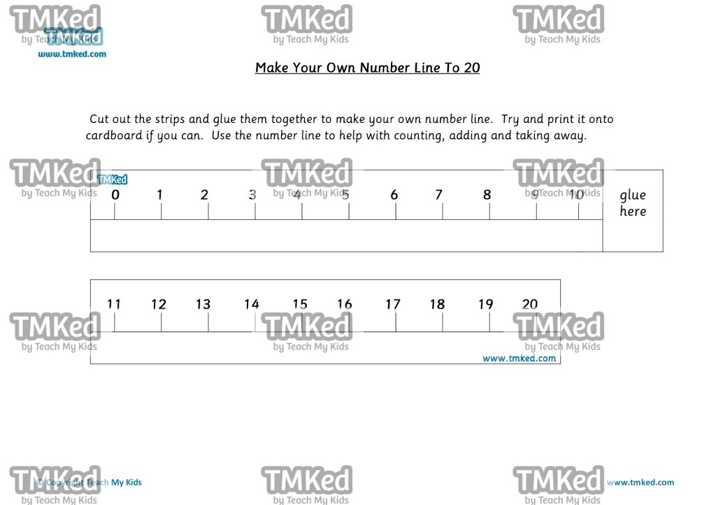 Maths Help, Teacher resources, free home school worksheets, Key stages 1 Worksheets for kids - make your own number line to 20
