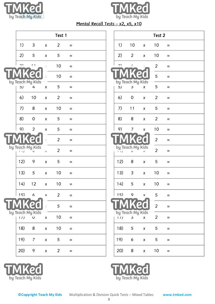 multiplication and division, quick tests, mixed, x2, x5, x10