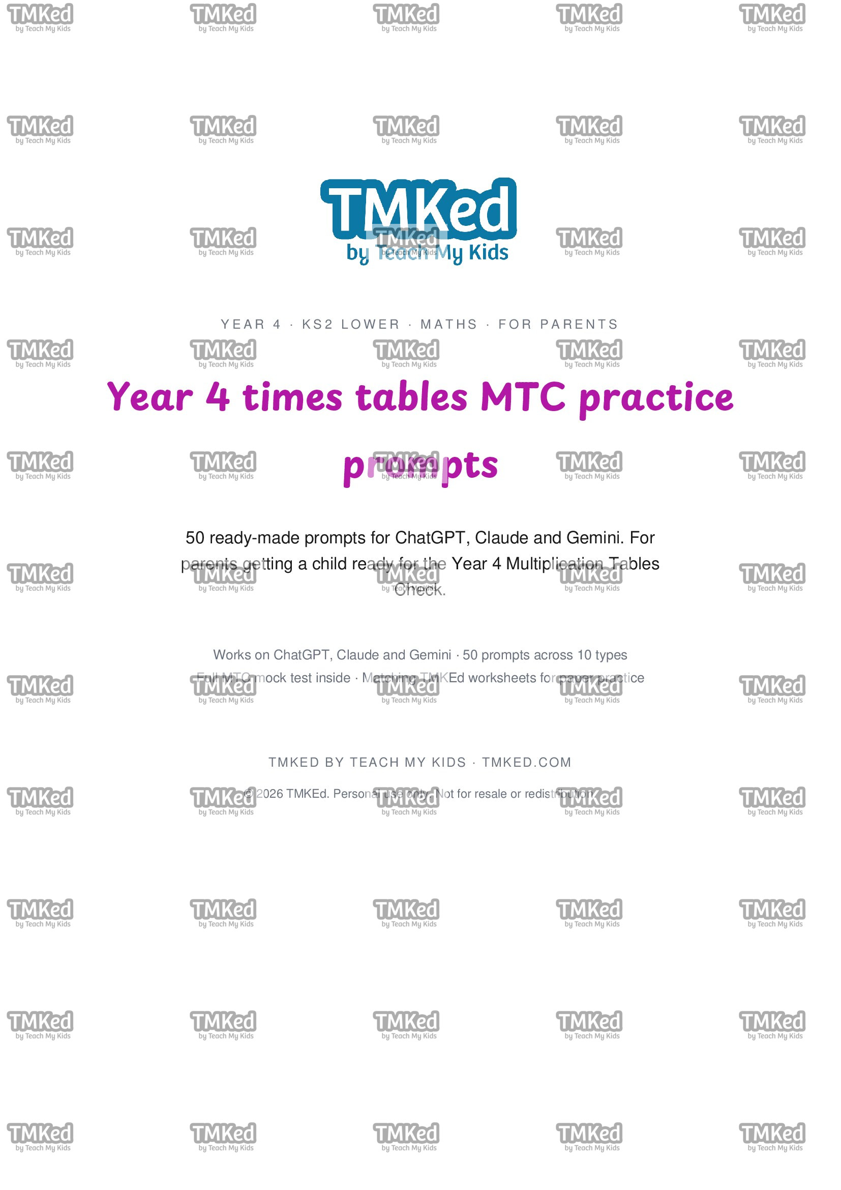 Year 4 times tables MTC practice prompts for ChatGPT, Claude and Gemini