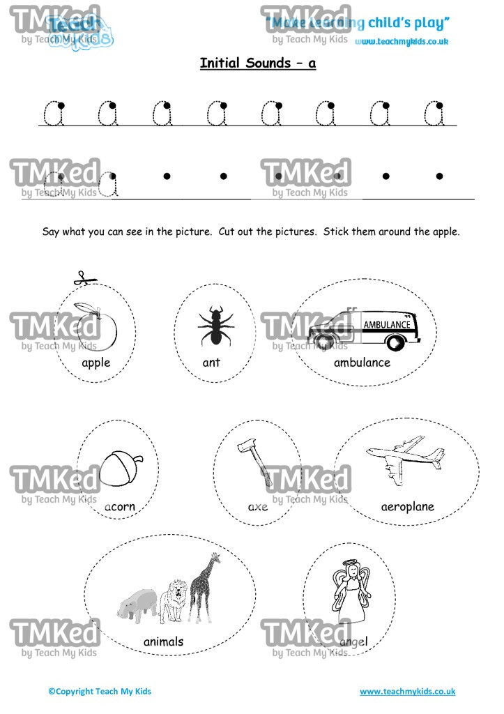 Worksheets for kids - initial sounds-a