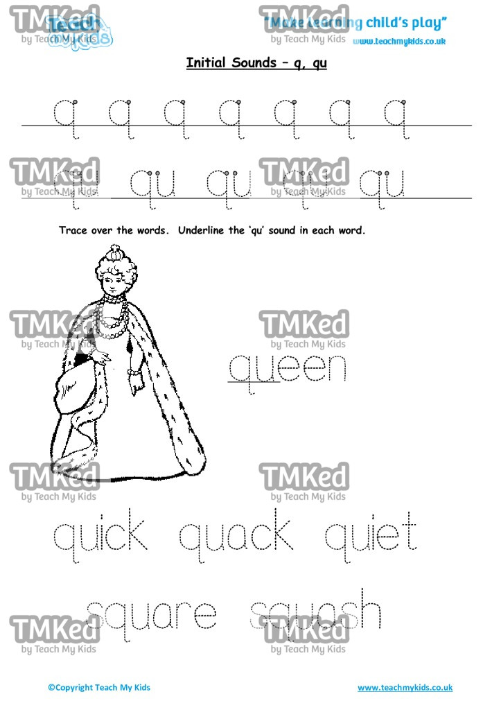 Worksheets for kids - initial sounds-q, qu