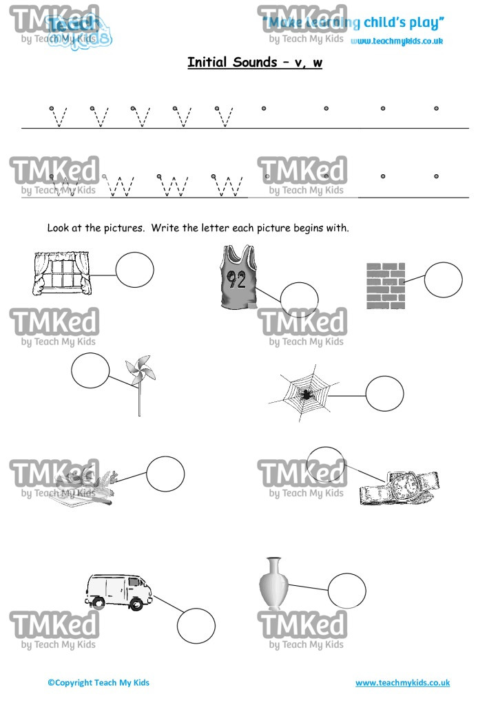 Worksheets for kids - initial sounds-v, w