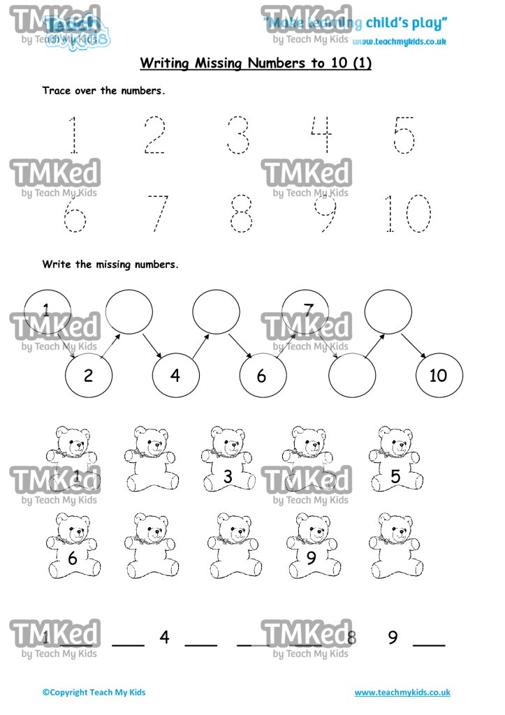Worksheets for kids - writing missing numbers to 10