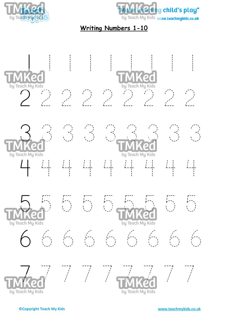 Worksheets for kids - writing numbers 1-10