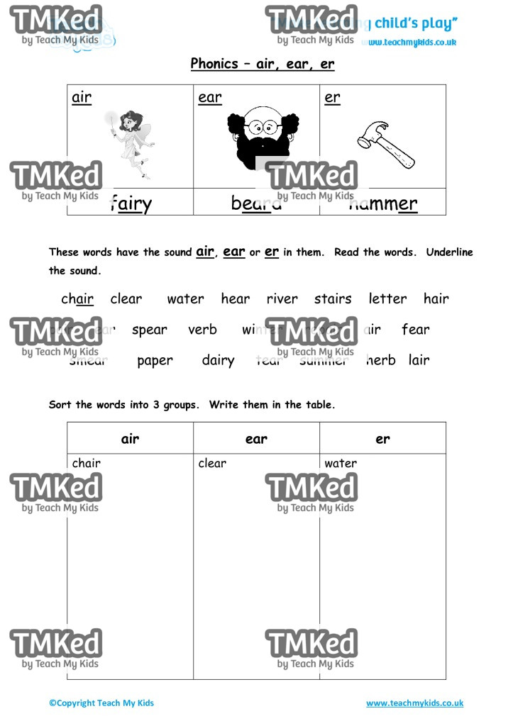 Worksheets for kids - phonics-air-ear-er