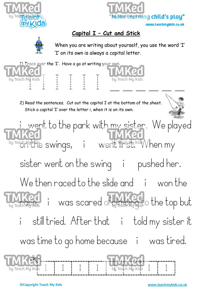 Worksheets for kids - capital_i_-_cut_and_stick
