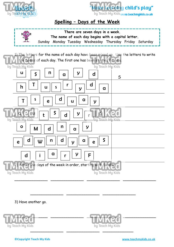 Worksheets for kids - spelling_-_days_of_the_week