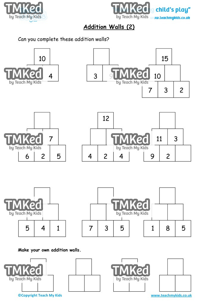 Worksheets for kids - addition-walls-2