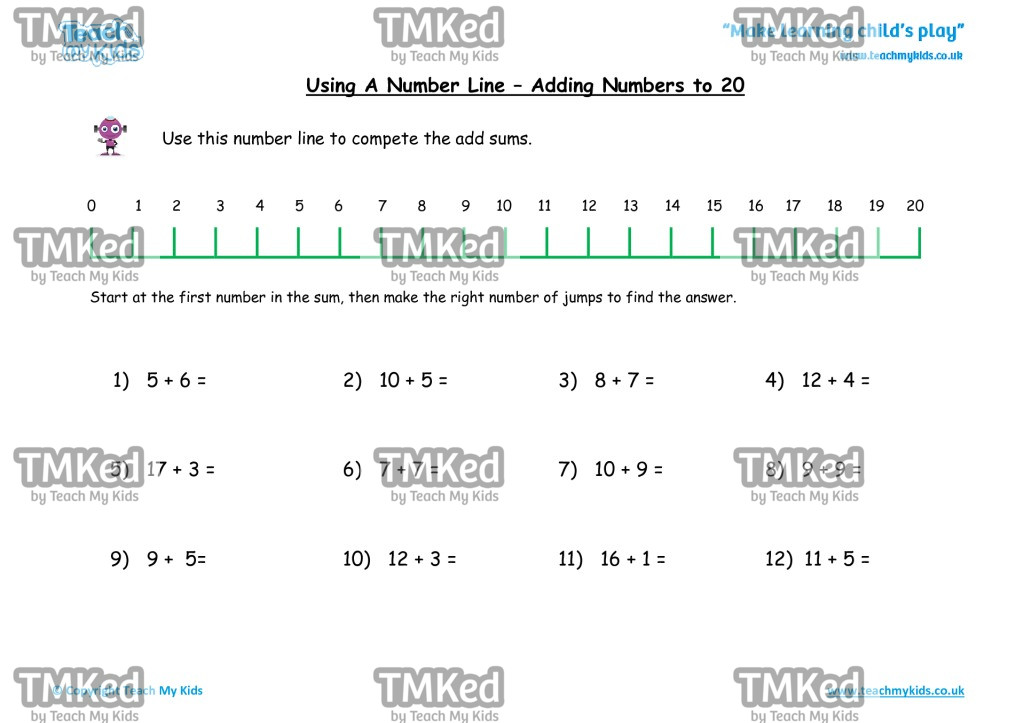Worksheets for kids - number-line-add-to-20