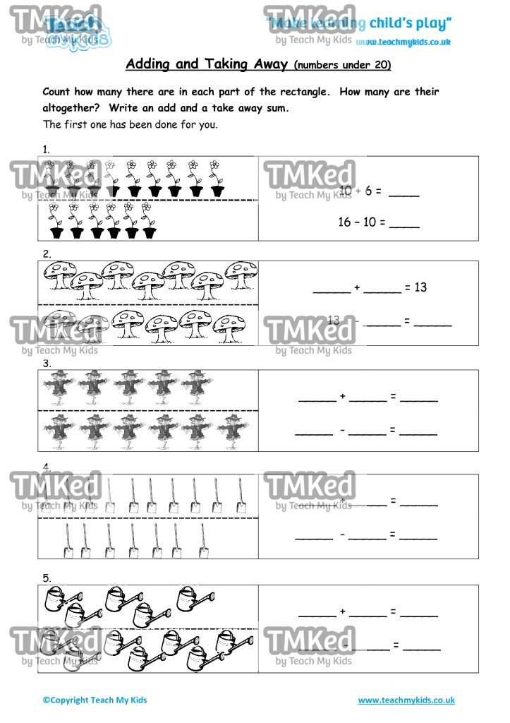 Worksheets for kids - adding-and-taking-away-numbers-under-20