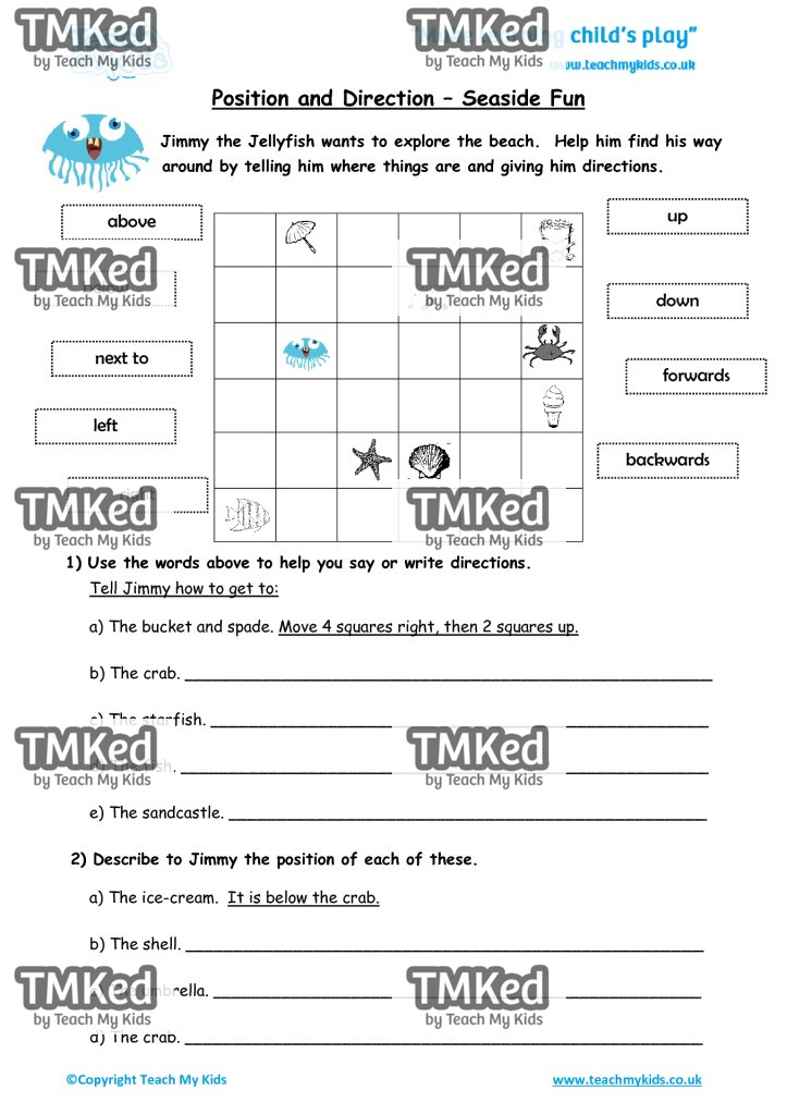Worksheets for kids - position_direction_seaside_fun