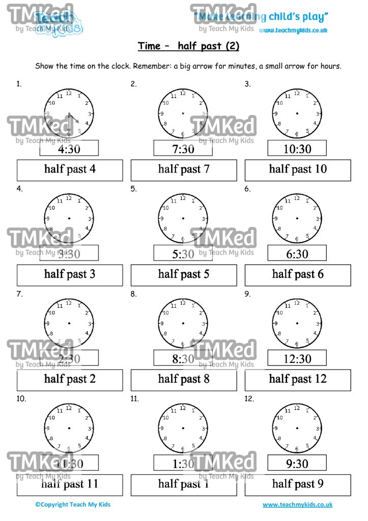 Worksheets for kids - time-half-past-2
