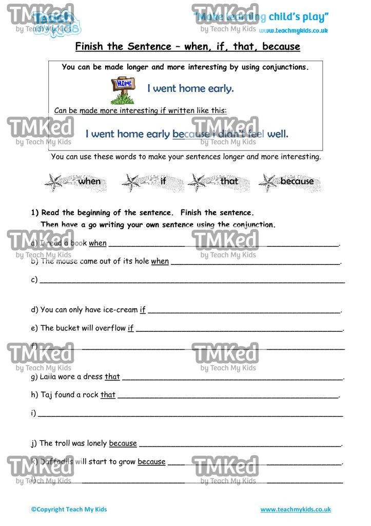 Worksheets for kids - finish_the_sentence_-_when_if_that_because