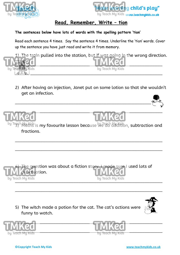Worksheets for kids - read,_remember_write_-_tion