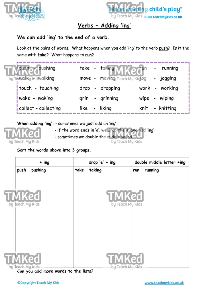 Worksheets for kids - verbs – adding ing