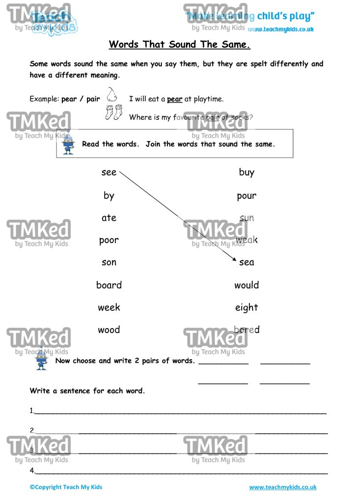 Worksheets for kids - words-that-sound-the-same