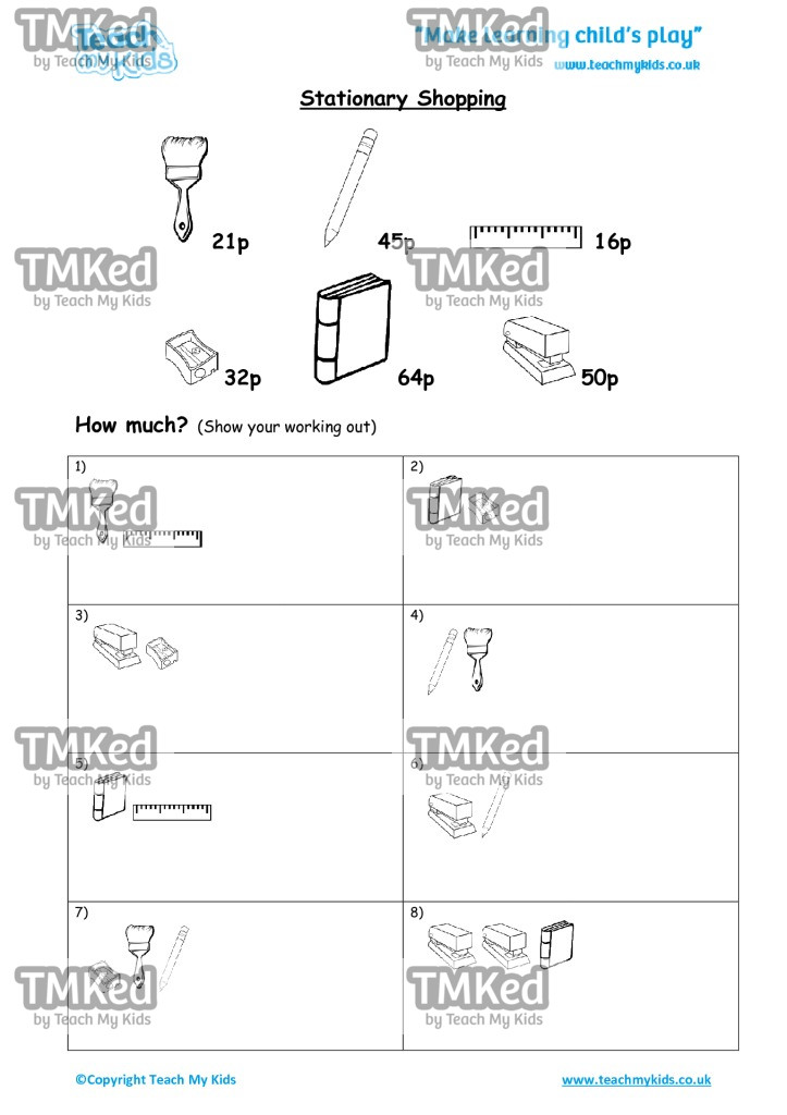 Worksheets for kids - stationary-shopping