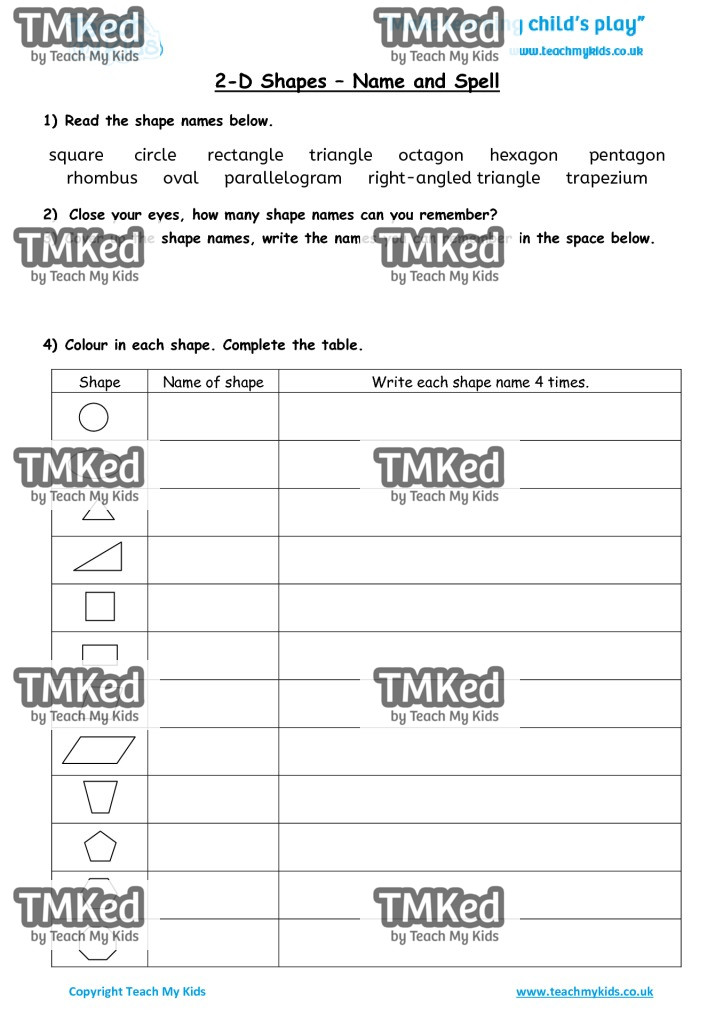 Worksheets for kids - 2d_shapes-_name_and_spell