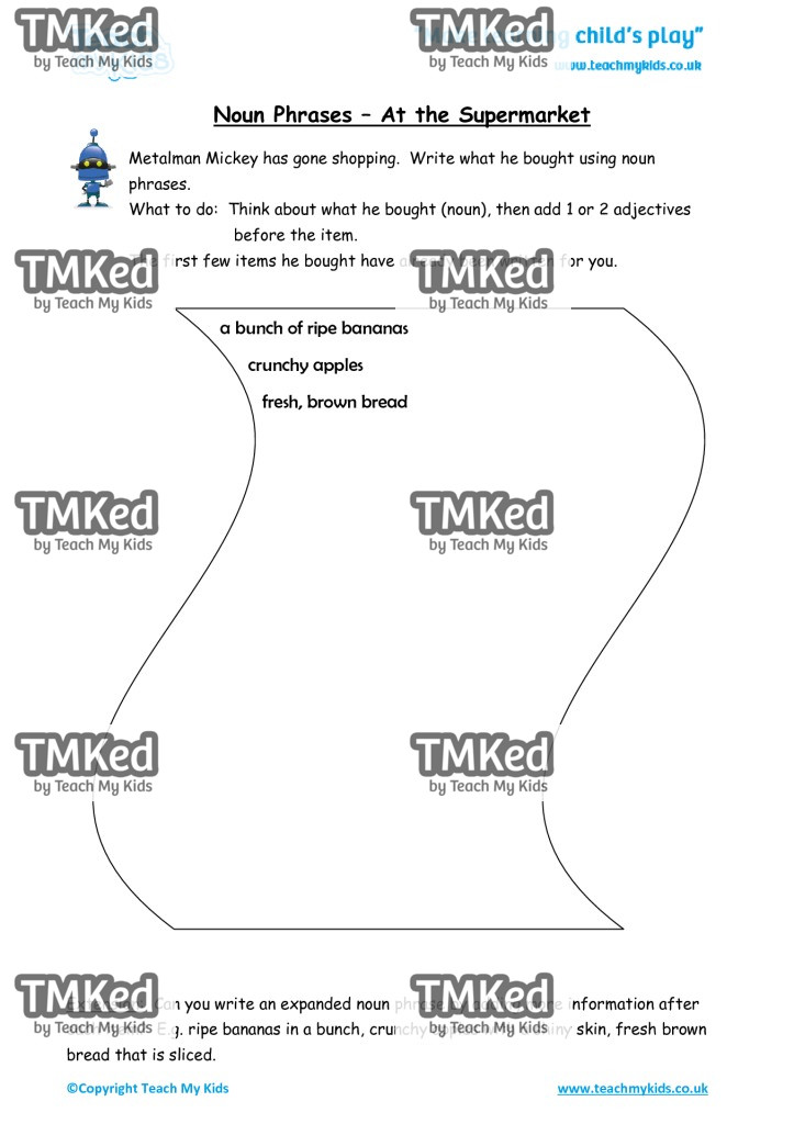 Worksheets for kids - noun_phrases_-_at_the_supermarket
