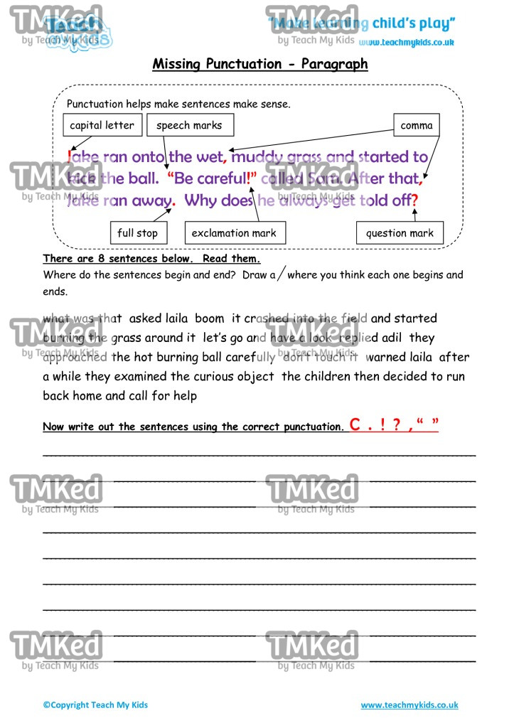 Worksheets for kids - missing punctuation – paragraph