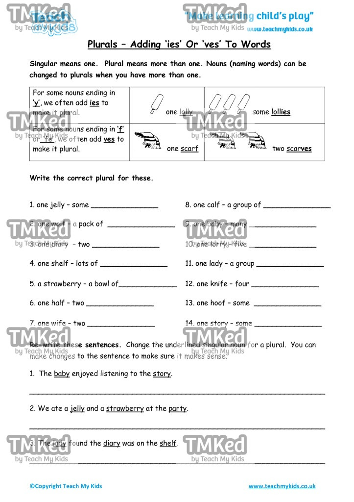 Worksheets for kids - plurals-adding-ies-or-ves-to-words