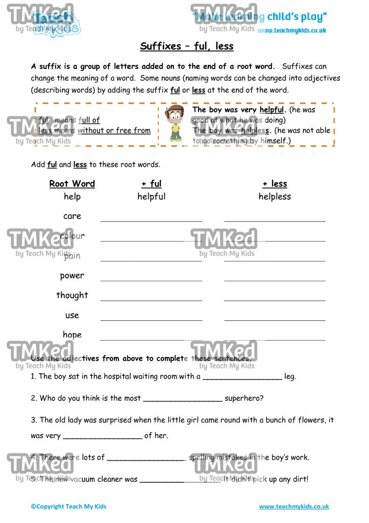 Worksheets for kids - suffixes-ful-less