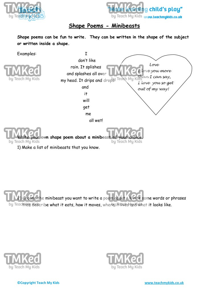 Worksheets for kids - shape-poems