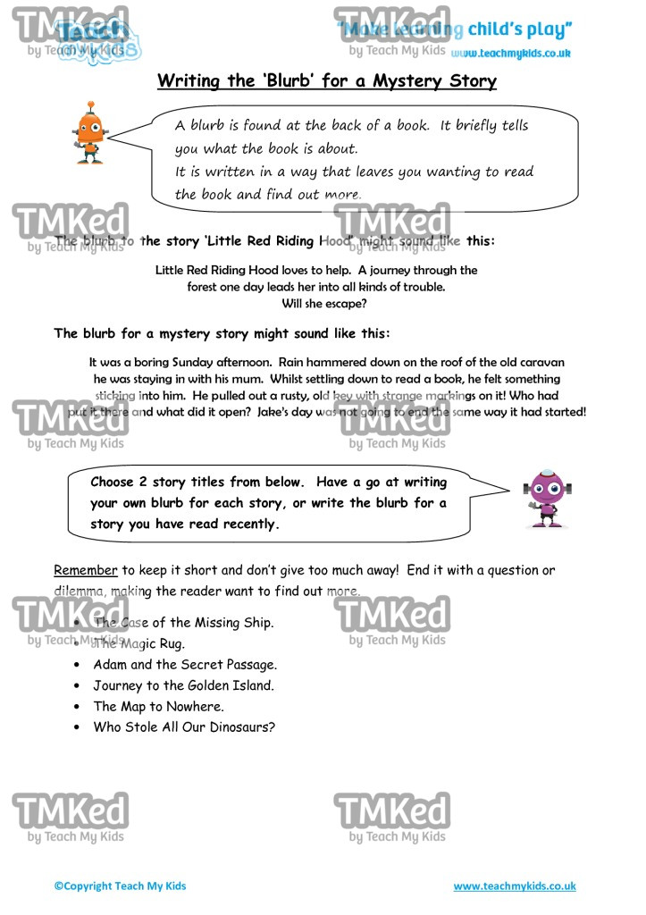 Worksheets for kids - writing_the_blurb_-_mystery_story