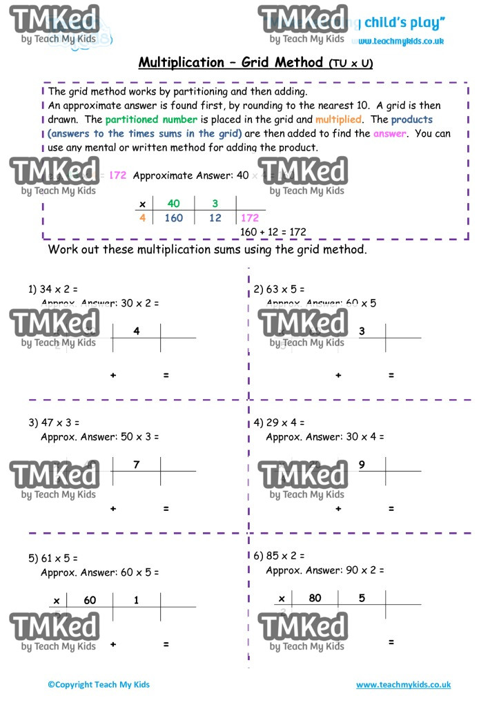 Worksheets for kids - multiplication-grid_method-tu_x_u