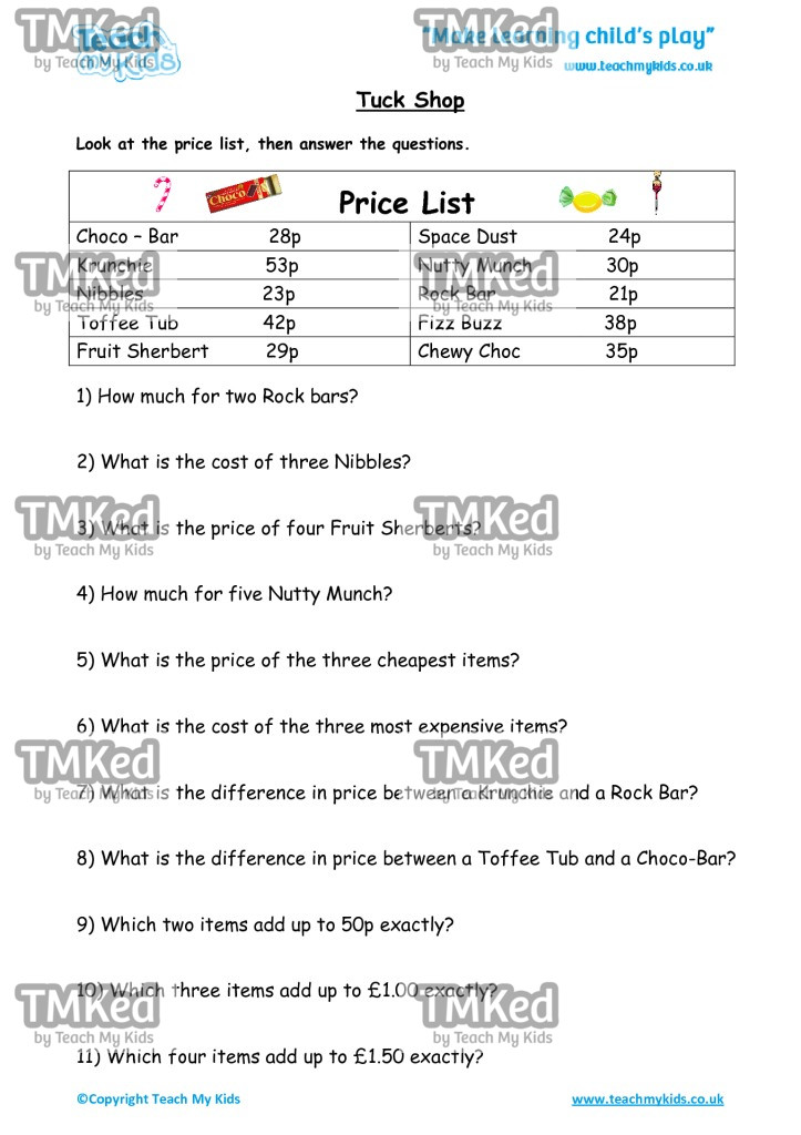 Worksheets for kids - tuck-shop