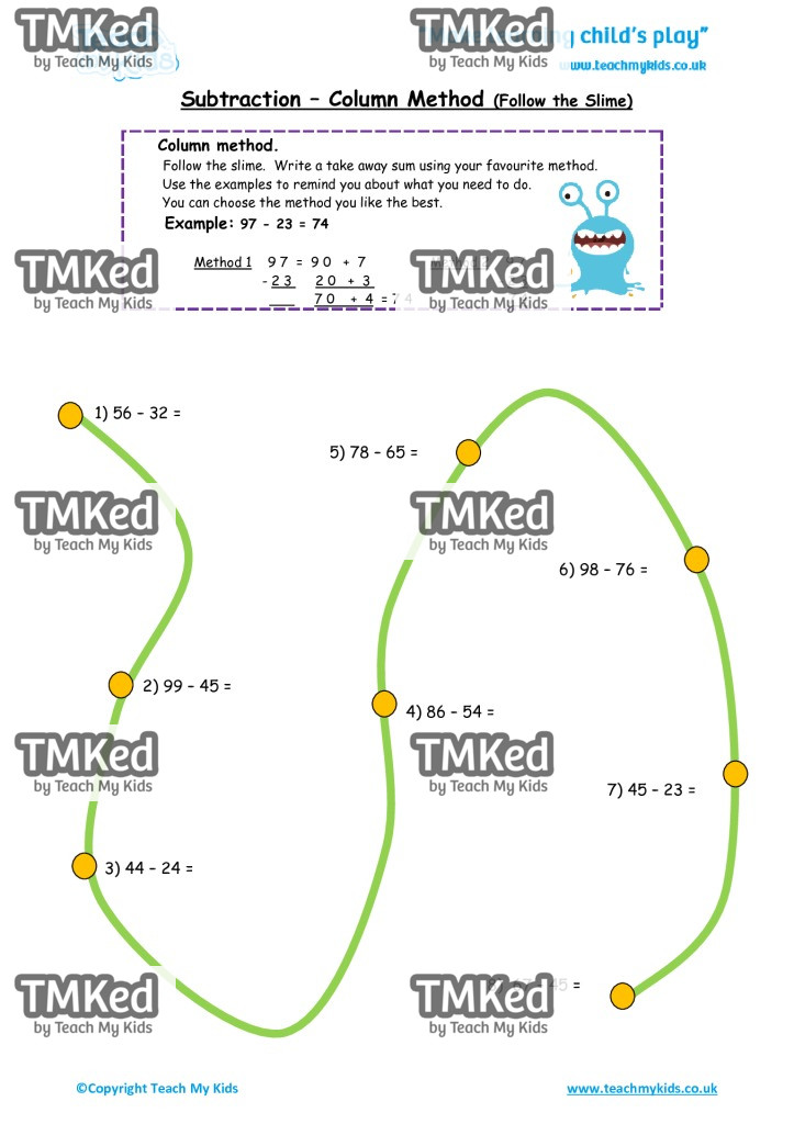 Worksheets for kids - subtraction_-column_method,follow_the_slime