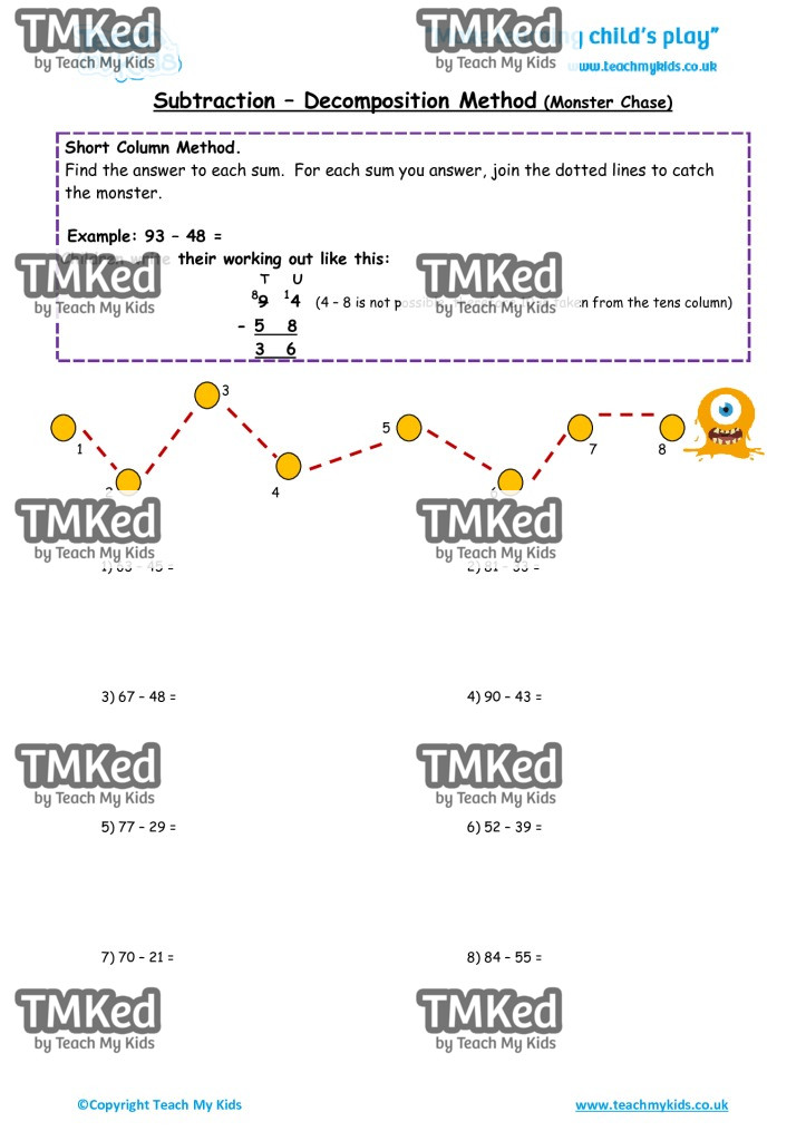 Worksheets for kids - subtraction_-decompostion_method_monster_chase