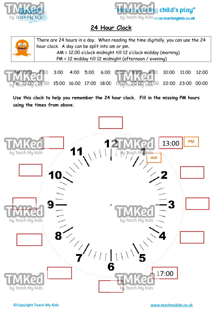 Worksheets for kids - 24 hour clock