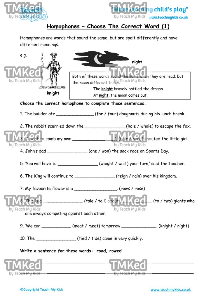 Worksheets for kids - homophones,choose_correct_word