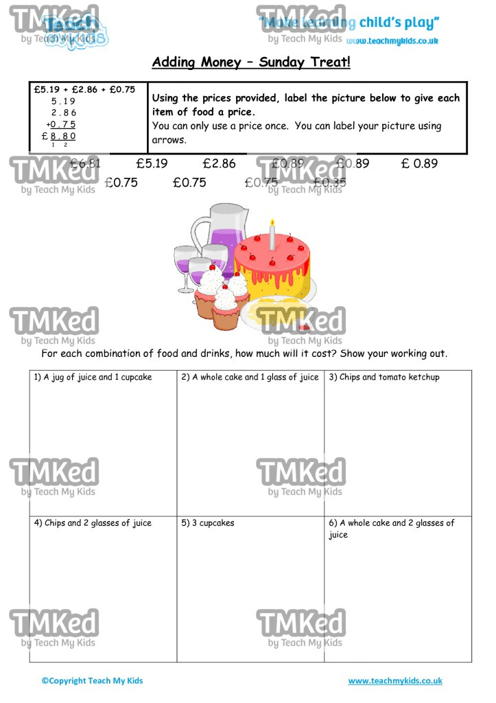 Worksheets for kids - adding_money_-_sunday_treat
