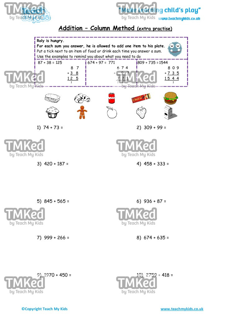 Worksheets for kids - addition,_column_method_extra_practise