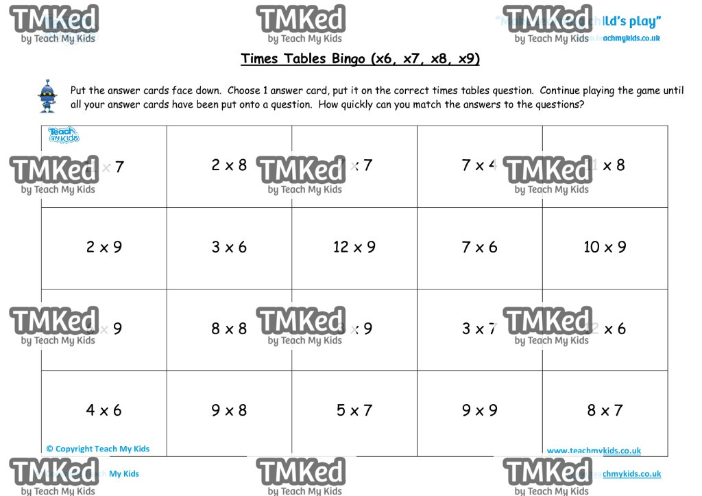Worksheets for kids - times-tables-bingo-x6-x7-x8x9