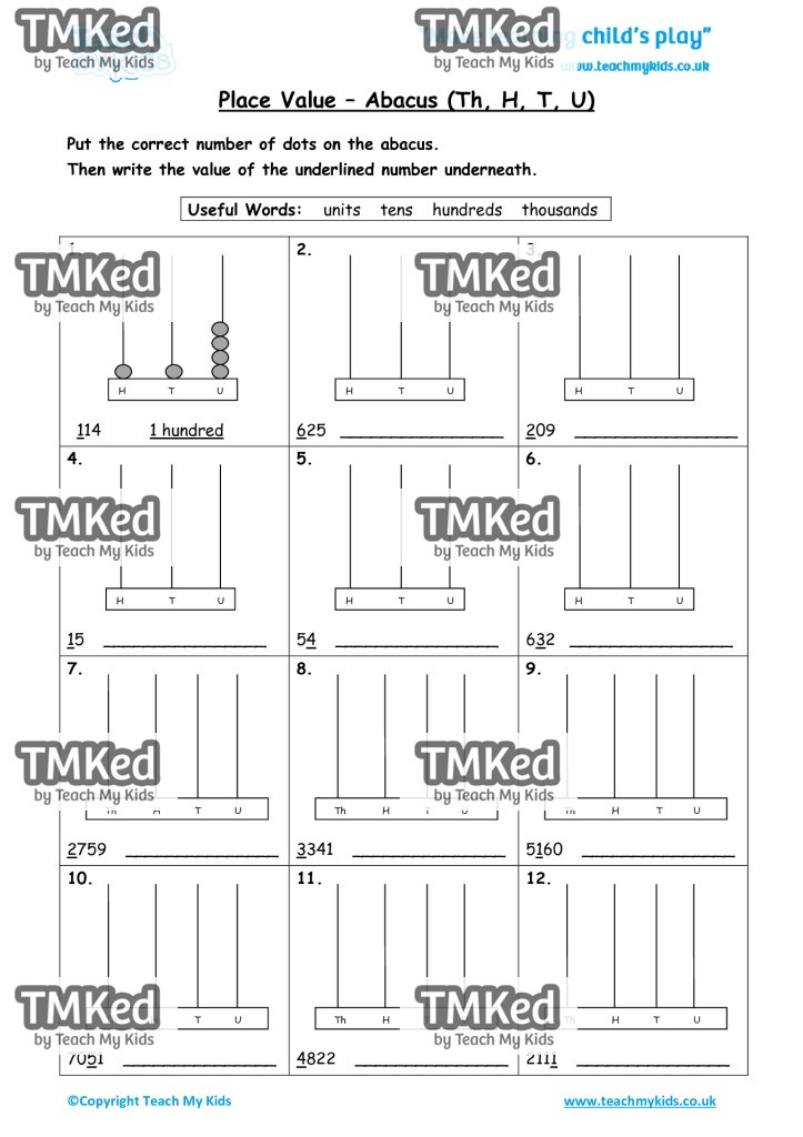 Worksheets for kids - place-value-abacus-thhtu