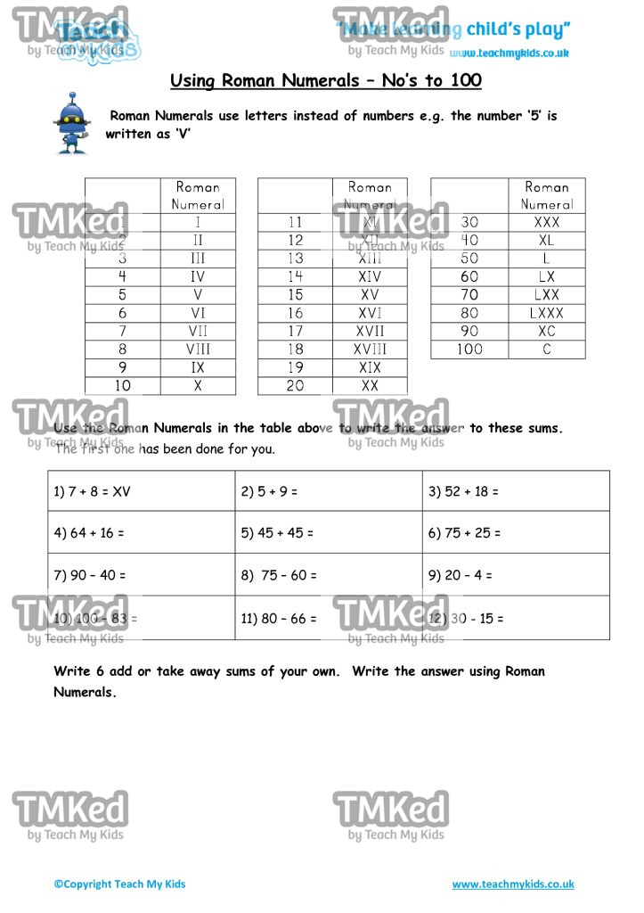 Worksheets for kids - using_roman_numerals_to_100_2