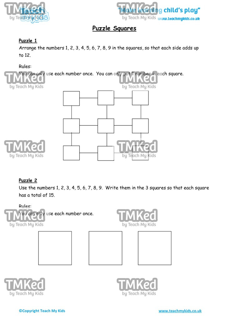 Worksheets for kids - puzzle-squares