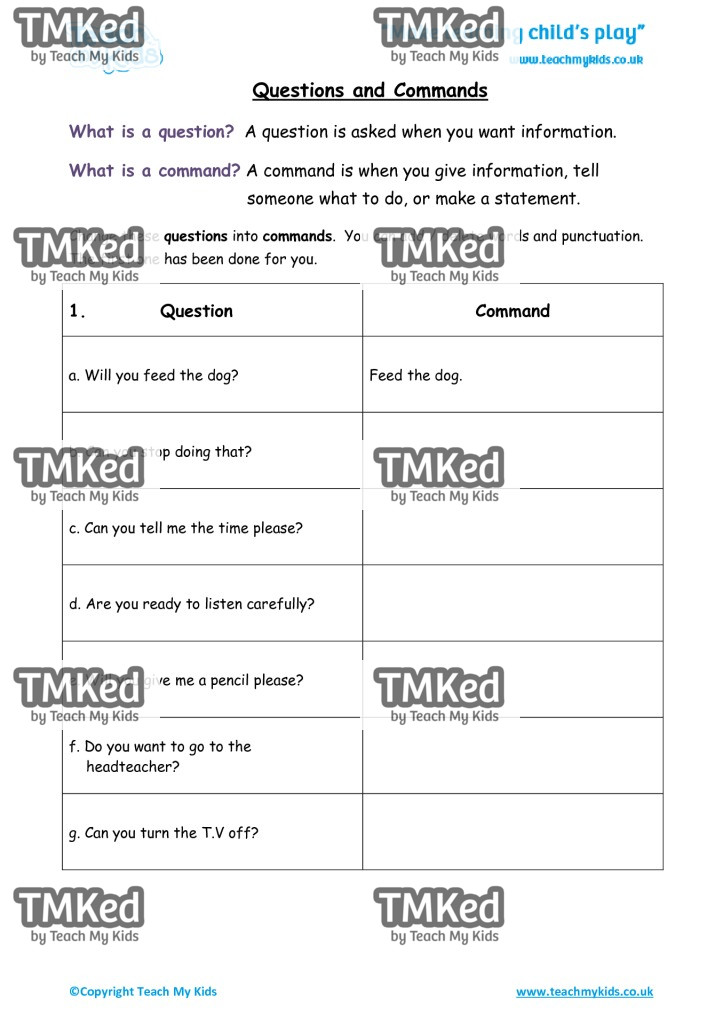 Worksheets for kids - questions-and-commands