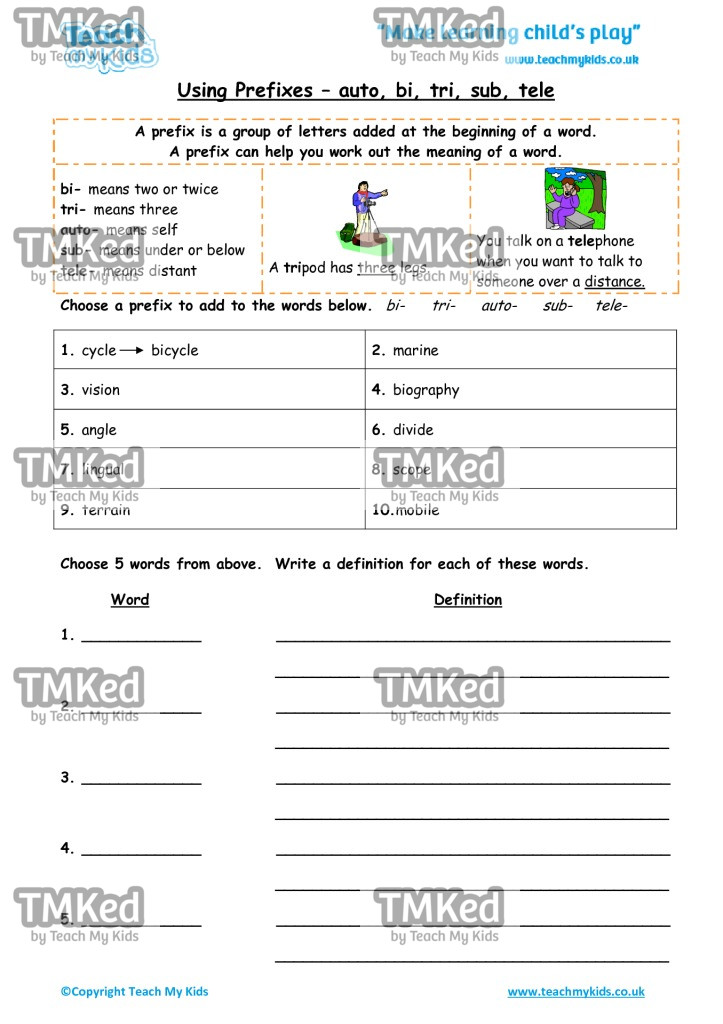 Worksheets for kids - using-prefixes-autobi-tri-sub-tele